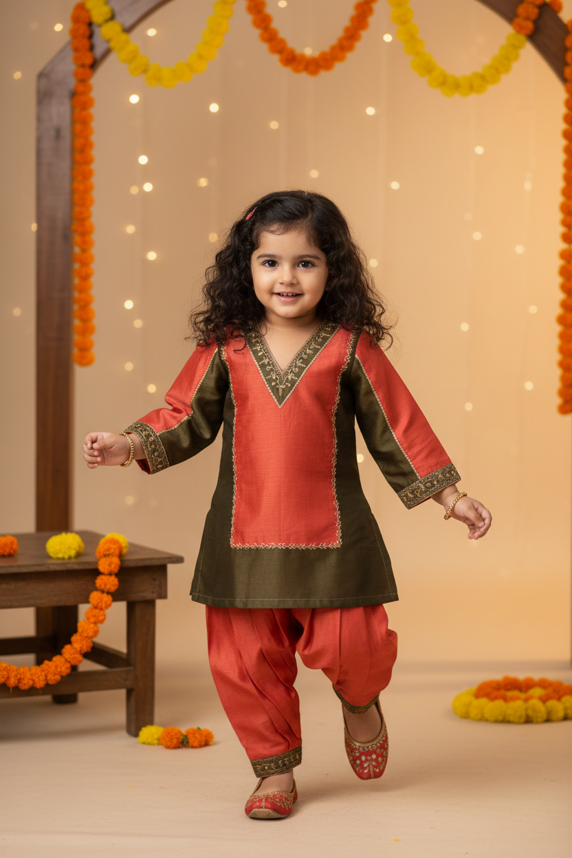 Child in traditional outfit with decorative background