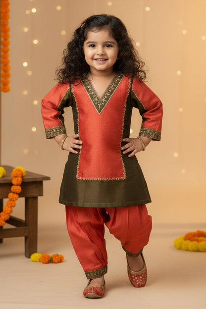 Orange Chanderi kurta and salwar for kids