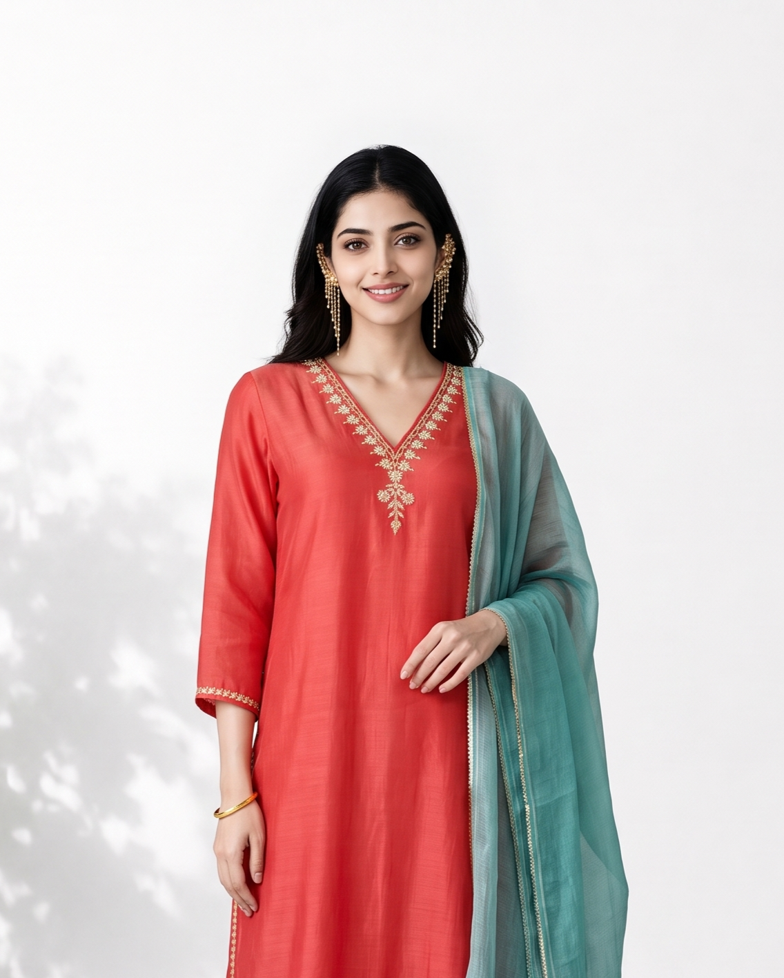 Peach Cyan Mul Chanderi Suitset