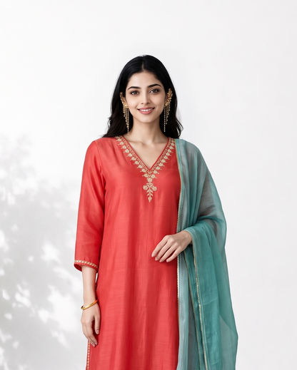 Peach Cyan Mul Chanderi Suitset