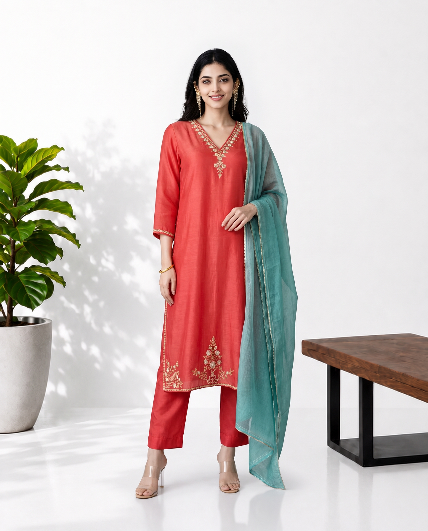 Peach Cyan Mul Chanderi Suitset