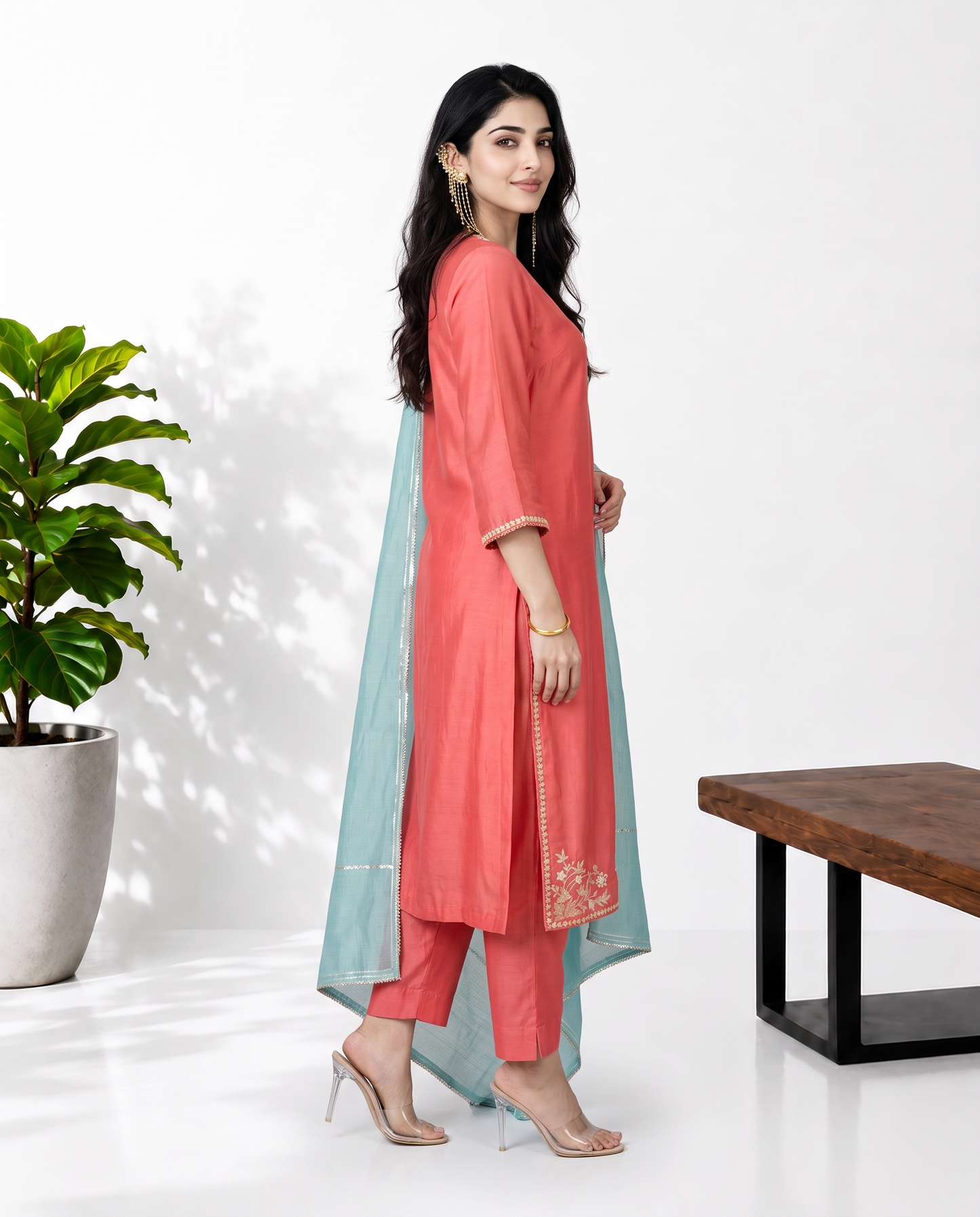 Peach Cyan Mul Chanderi Suitset
