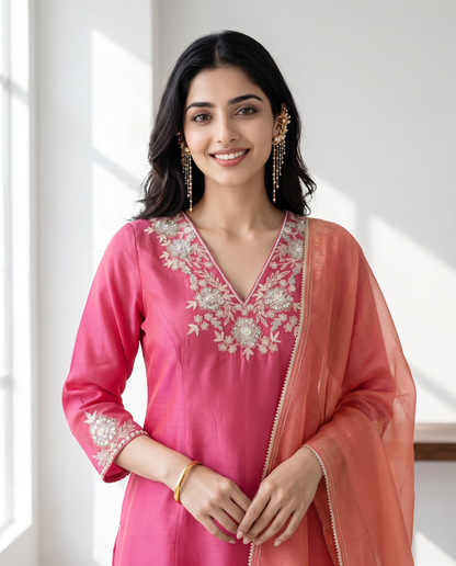 Pink Peach Mul Chanderi Suitset
