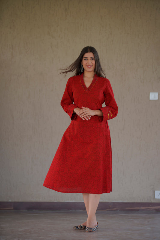 Red Bagh Print Kurta/Dress with sequence embellishment