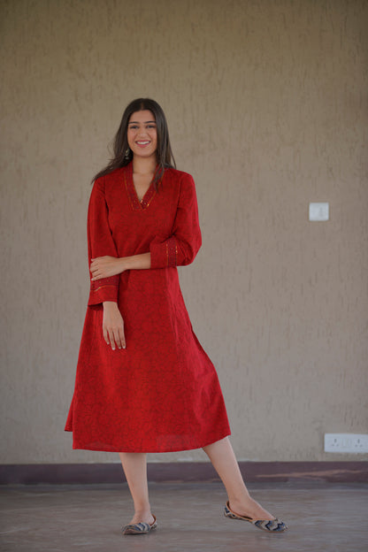 Red Bagh Print Kurta/Dress with sequence embellishment