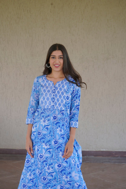 Blue cotton kurta with floral print and embellished yoke