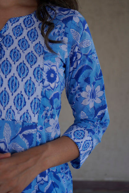 Blue cotton kurta with floral print and embellished yoke