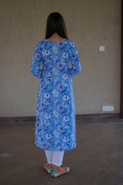 Blue cotton kurta with floral print and embellished yoke