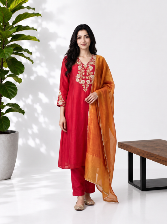 Red Mustard Chanderi Suitset