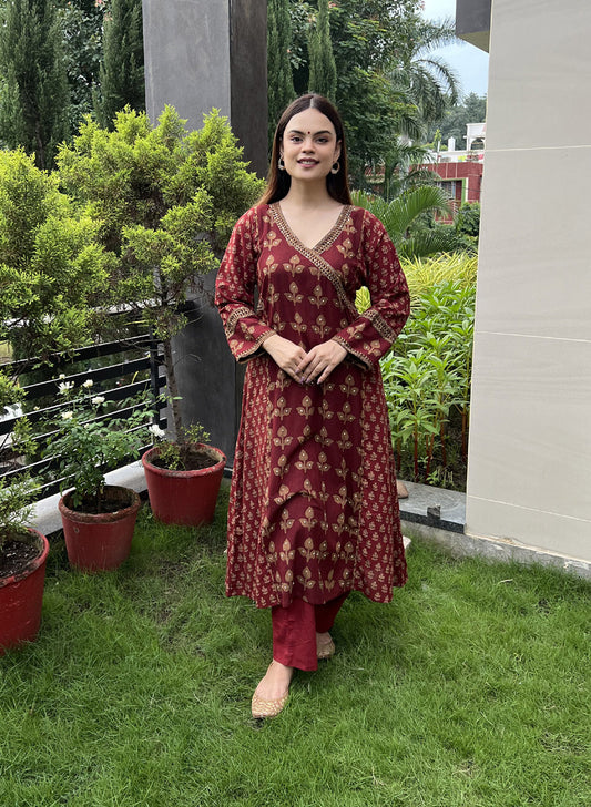 Red Bagh Angrakha Style Kurta