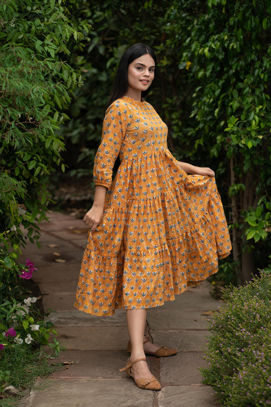 Mustard floral tier Dress