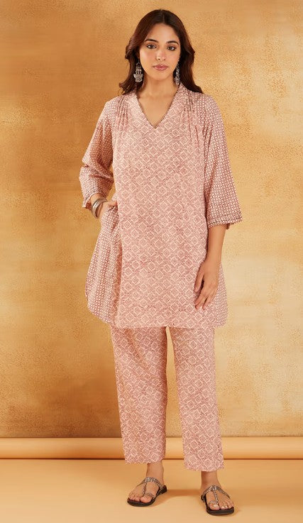 Red White Hand Block Printed Cotton Tunic with Pants - Set of 2