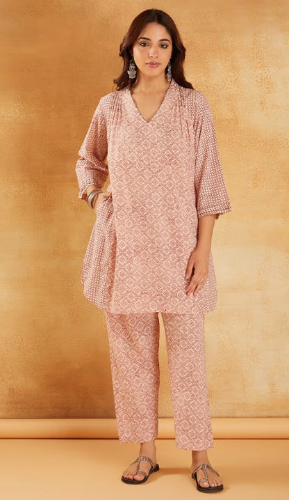 Red White Hand Block Printed Cotton Tunic with Pants - Set of 2