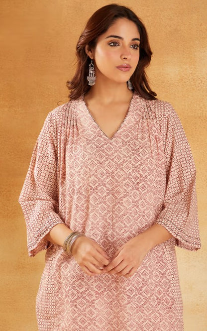 Red White Hand Block Printed Cotton Tunic with Pants - Set of 2