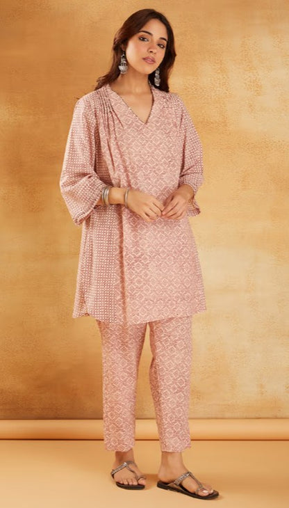 Red White Hand Block Printed Cotton Tunic with Pants - Set of 2