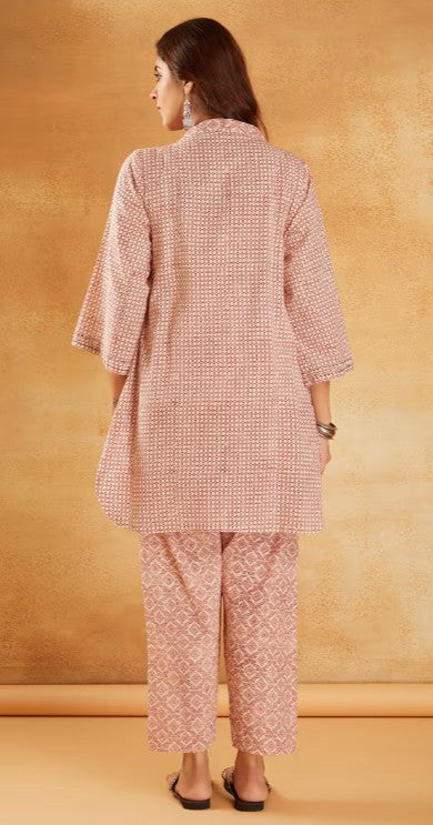 Red White Hand Block Printed Cotton Tunic with Pants - Set of 2