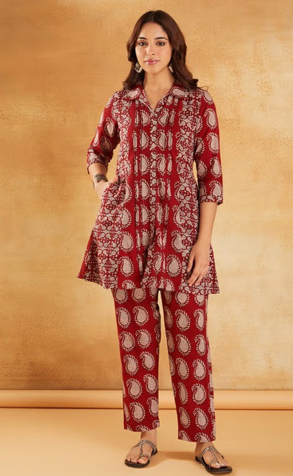 Red Hand Block Printed Cotton Tunic with Pants - Set of 2