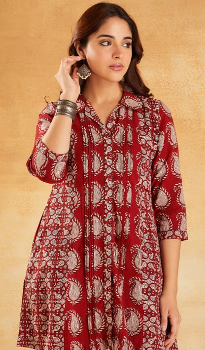 Red Hand Block Printed Cotton Tunic with Pants - Set of 2