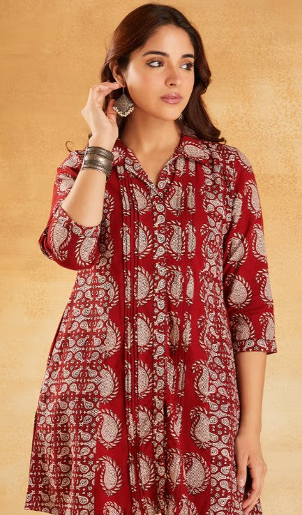 Red Hand Block Printed Cotton Tunic with Pants - Set of 2