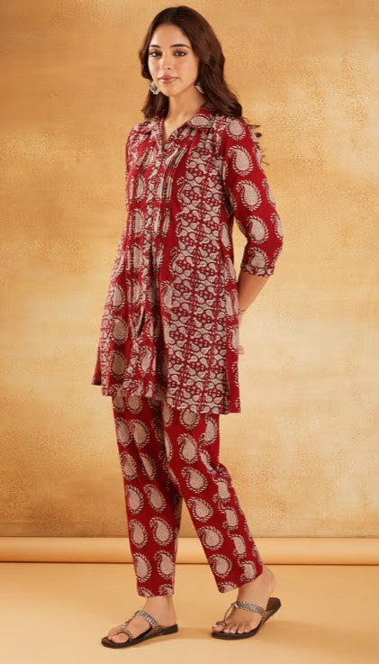 Red Hand Block Printed Cotton Tunic with Pants - Set of 2