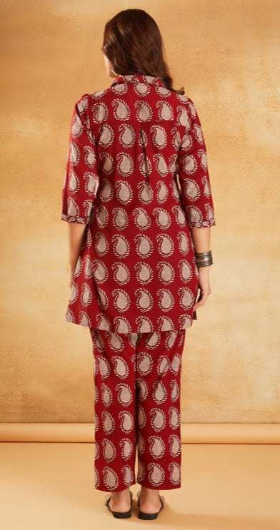 Red Hand Block Printed Cotton Tunic with Pants - Set of 2