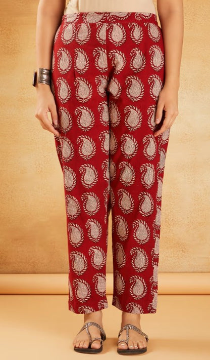 Red Hand Block Printed Cotton Tunic with Pants - Set of 2