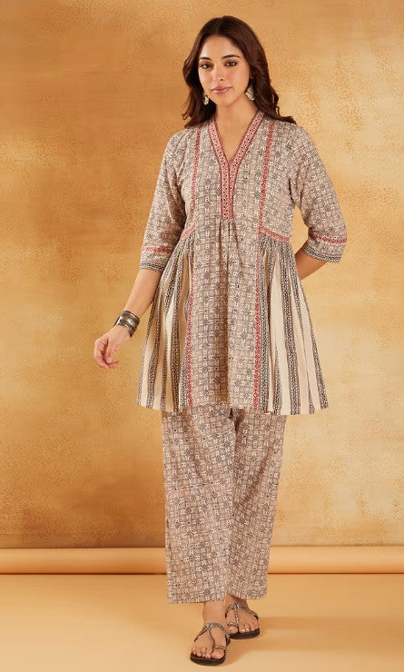 White Red Hand Block Printed Cotton Tunic with Pants - Set of 2