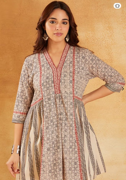 White Red Hand Block Printed Cotton Tunic with Pants - Set of 2