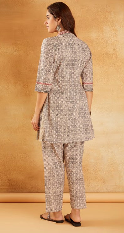 White Red Hand Block Printed Cotton Tunic with Pants - Set of 2