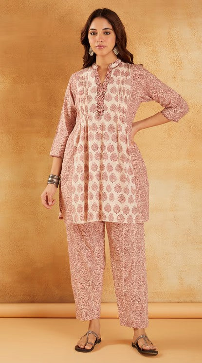 White Red Hand Block Printed Cotton Tunic with Pants - Set of 2