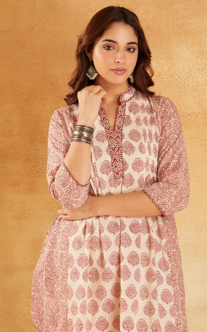 White Red Hand Block Printed Cotton Tunic with Pants - Set of 2