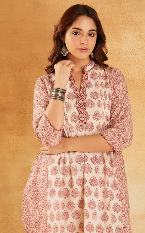 White Red Hand Block Printed Cotton Tunic with Pants - Set of 2
