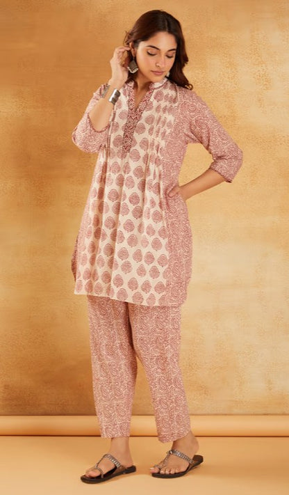 White Red Hand Block Printed Cotton Tunic with Pants - Set of 2