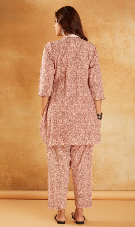 White Red Hand Block Printed Cotton Tunic with Pants - Set of 2