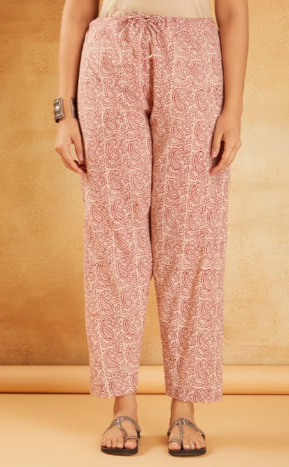 White Red Hand Block Printed Cotton Tunic with Pants - Set of 2