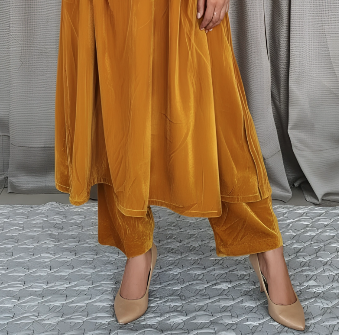 Mustard Zari Silk Thread embellished Beaded Velvet Kurta and Pant