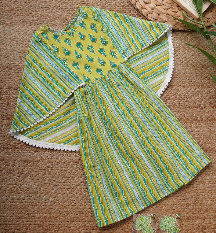 Green Yellow Hand Block Printed Cotton Dress