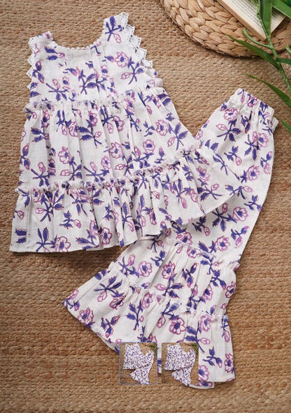 White Purple Hand Block Printed Cotton Kurta with Pants- Set of 2