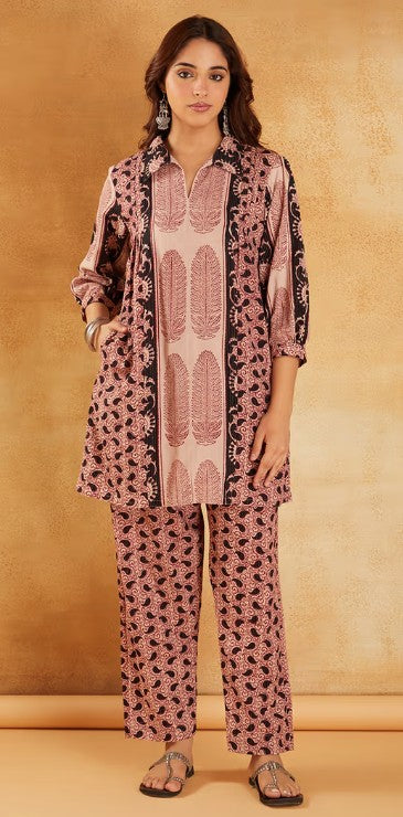 Red White Hand Block Printed Cotton Tunic with Pants - Set of 2