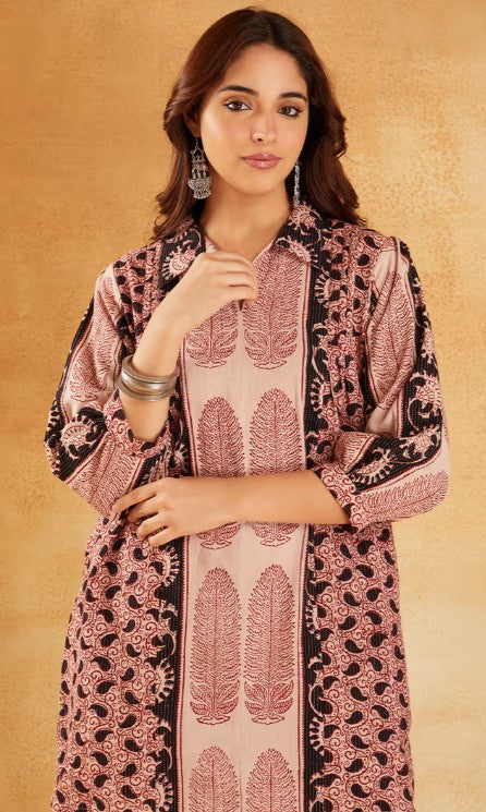 Red White Hand Block Printed Cotton Tunic with Pants - Set of 2
