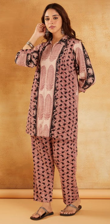 Red White Hand Block Printed Cotton Tunic with Pants - Set of 2