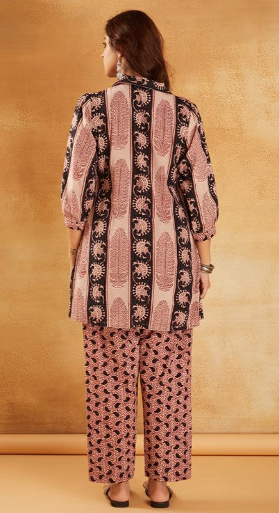Red White Hand Block Printed Cotton Tunic with Pants - Set of 2