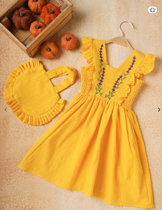 Yellow Cotton Slub Silk Thread Embroidered Dress
