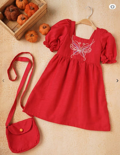 Red Cotton Slub Butterfly Embroidered Dress