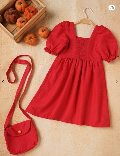 Red Cotton Slub Butterfly Embroidered Dress