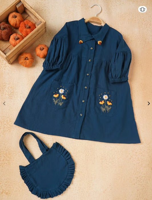 Blue Cotton Slub Floral Embroidered Dress