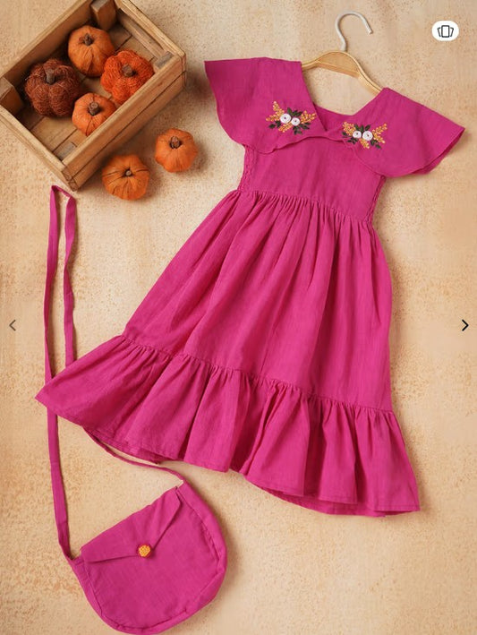 Pink Cotton Slub Hand Embroidered Dress
