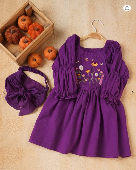 Purple Cotton slub Floral Embroidered Dress