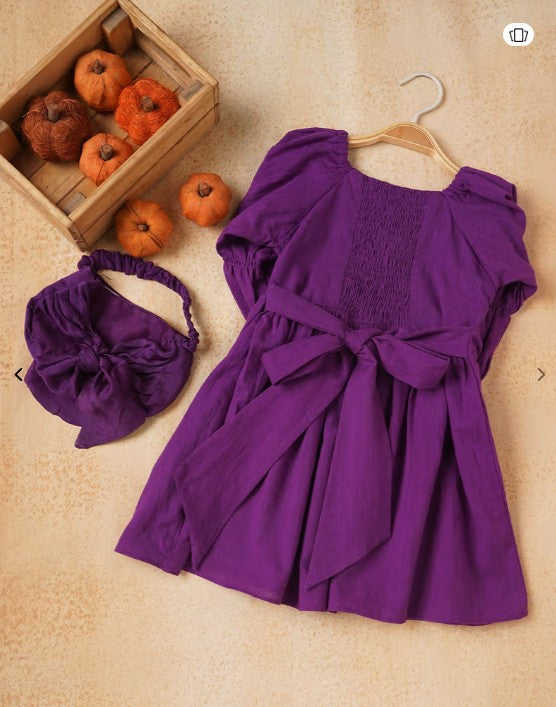 Purple Cotton slub Floral Embroidered Dress