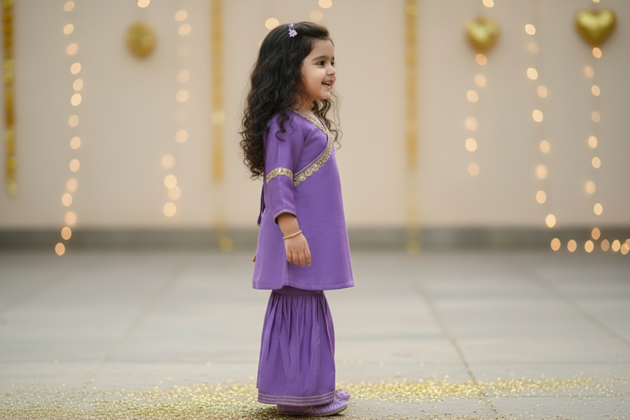 Lilac Lace Work Chanderi Sharara Suit- Set of 3